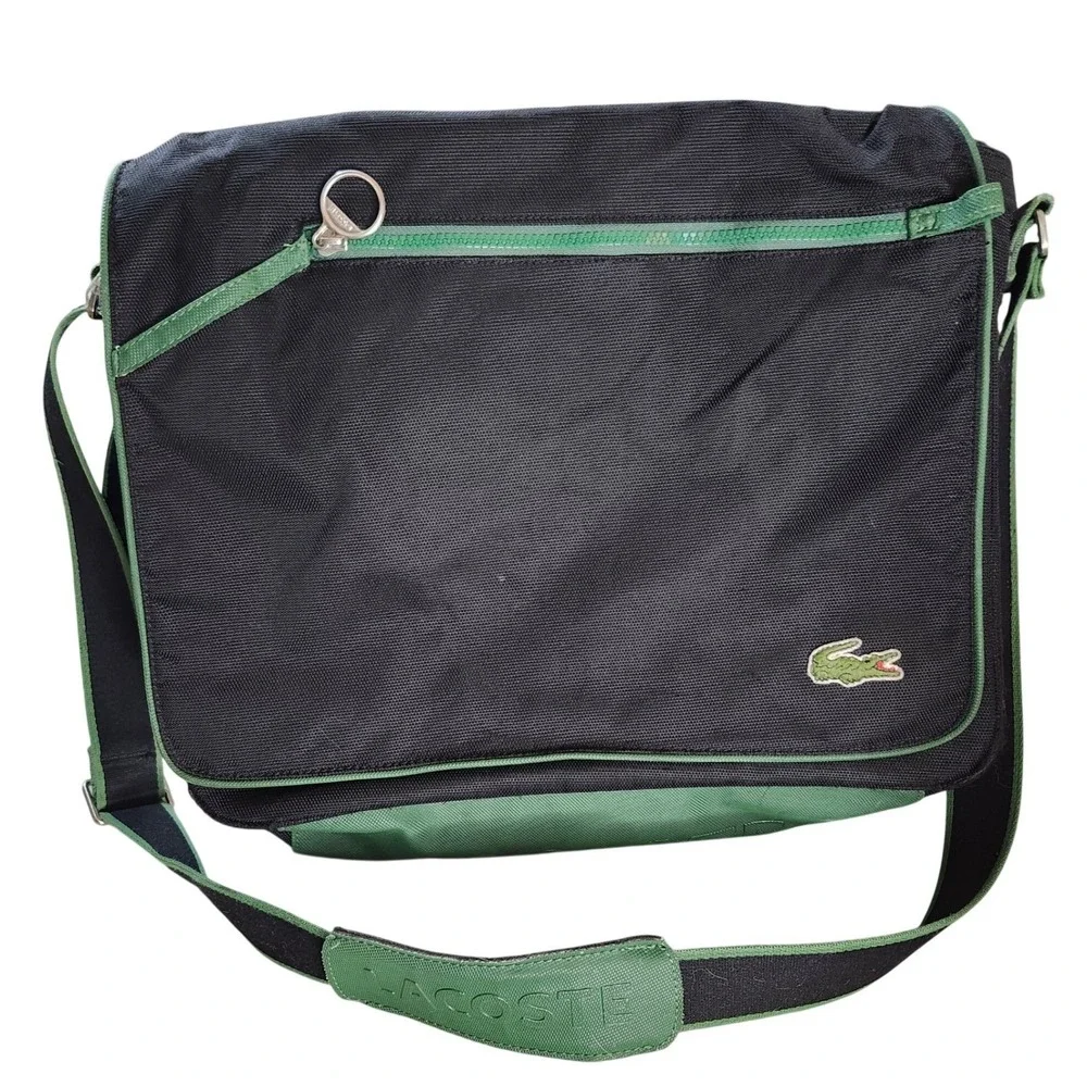 Lacoste Messenger Bag Black Green Canvas Crossbody Laptop Satchel Vintage Sport